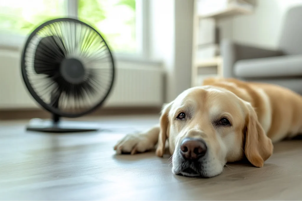 犬が家の中で扇風機で涼んでいる様子